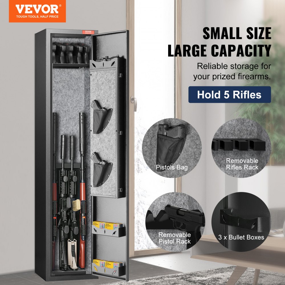 VEVOR 5 Rifles Gun Safe, Rifle Safe with Fingerprint Lock, Quick Access Gun Storage Cabinet for Shotguns with Removable Shelf, Pistol Rack, Ammo Storage Box for Home Long Gun and Pistols