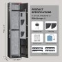 VEVOR gun safe with interior dimensions, rifle storage for 5, emergency keys, pistols bag, and accessories.