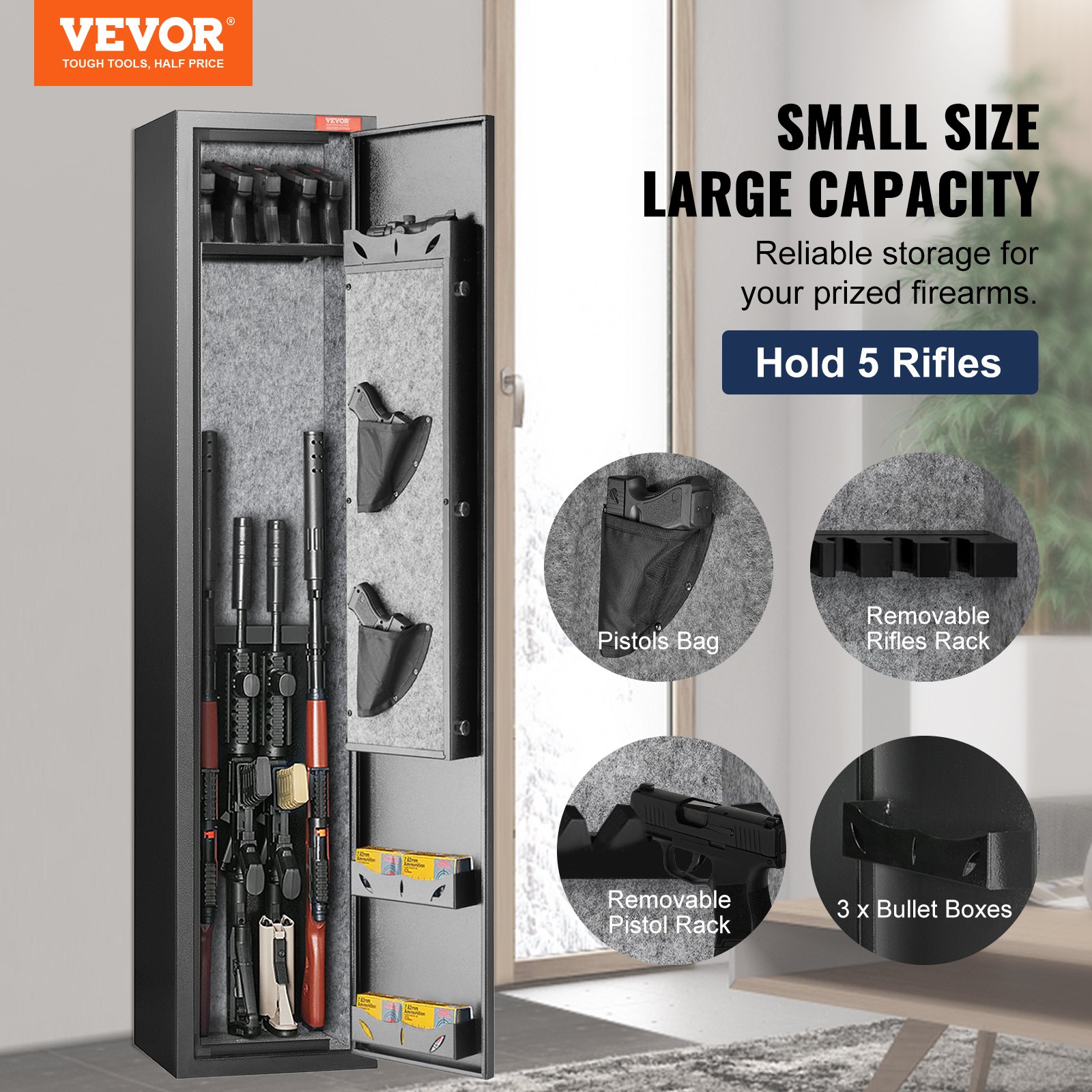 VEVOR 5 Rifles Gun Safe, Rifle Safe with Fingerprint Lock, Quick Access Gun Storage Cabinet for Shotguns with Removable Shelf, Pistol Rack, Ammo Storage Box for Home Long Gun and Pistols