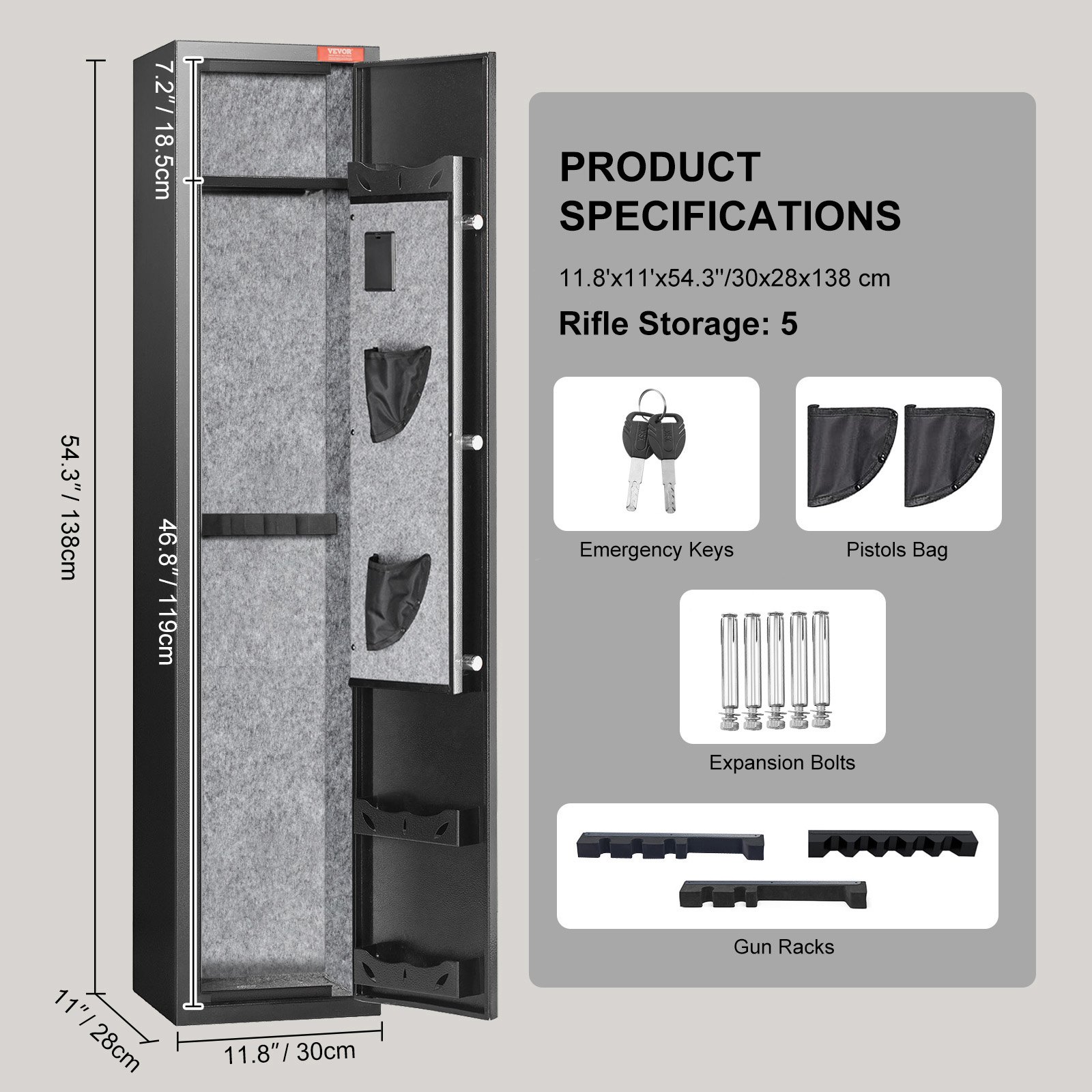 VEVOR 5 Rifles Gun Safe, Rifle Safe with Fingerprint Lock, Quick Access Gun Storage Cabinet for Shotguns with Removable Shelf, Pistol Rack, Ammo Storage Box for Home Long Gun and Pistols
