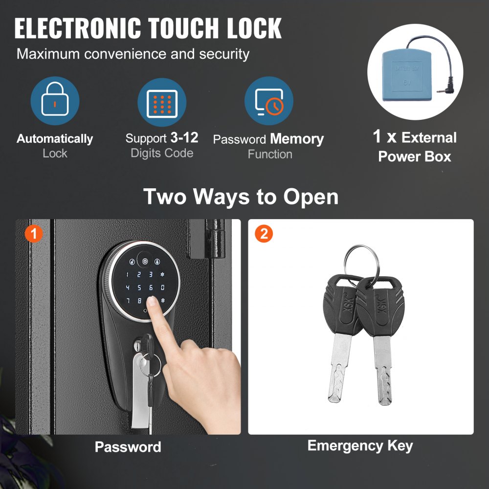 VEVOR gun safe with electronic touch lock, external power box, two ways to open: password and emergency key.