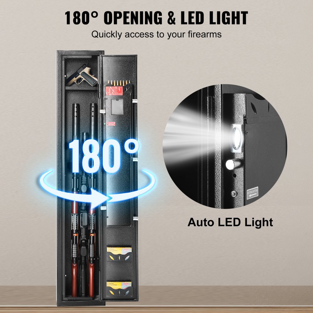 VEVOR gun safe with 180° door opening and auto led light for quick firearm access.