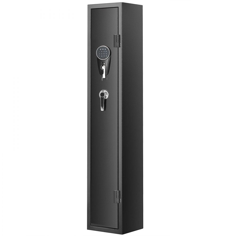 tall black VEVOR gun safe with digital keypad and key lock for secure firearm storage.