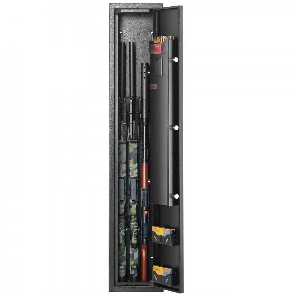 VEVOR gun safe holding rifles with camo pattern, ammo storage, and secured lock mechanism.