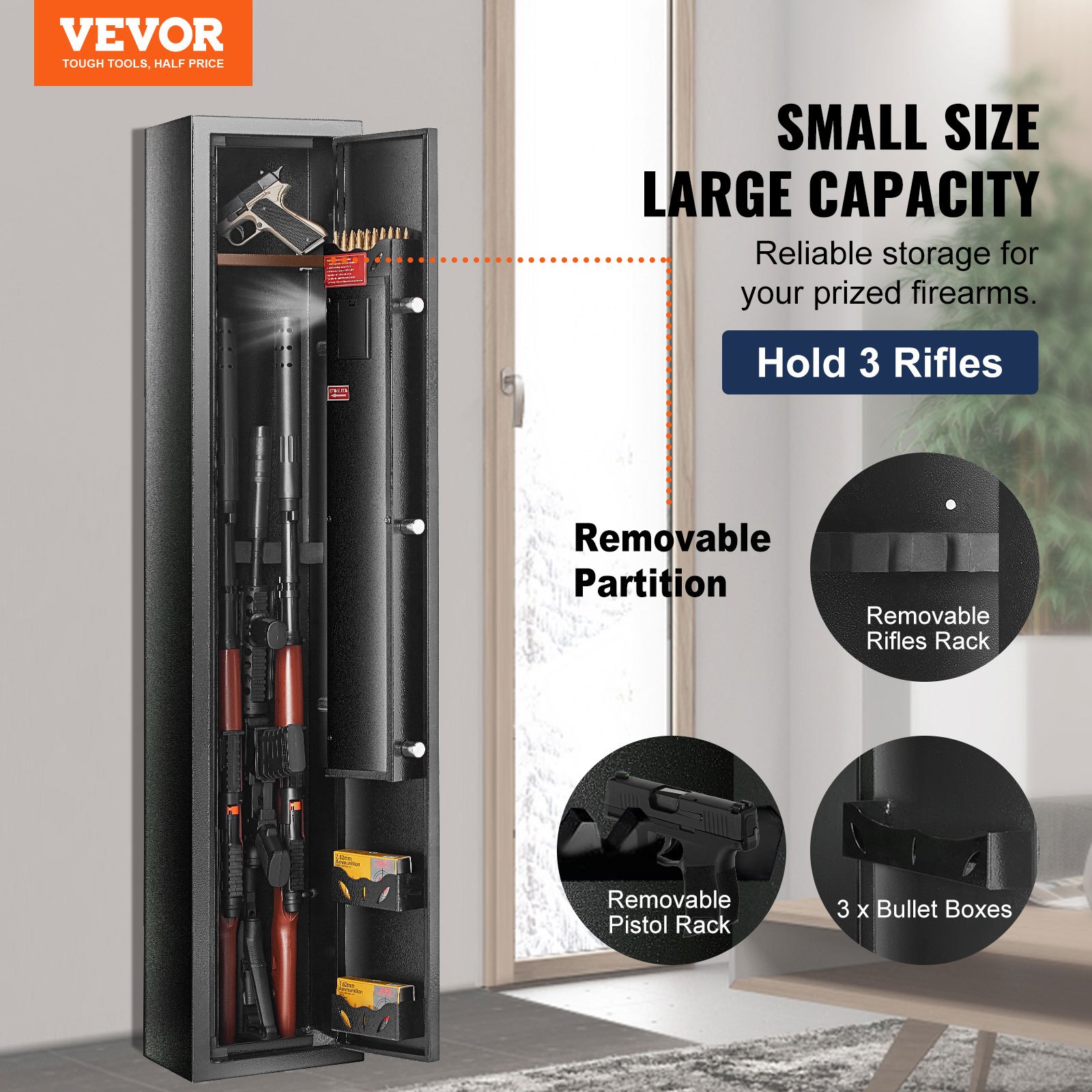 VEVOR gun safe with removable partition and storage for 3 rifles, pistol rack, and bullet boxes.