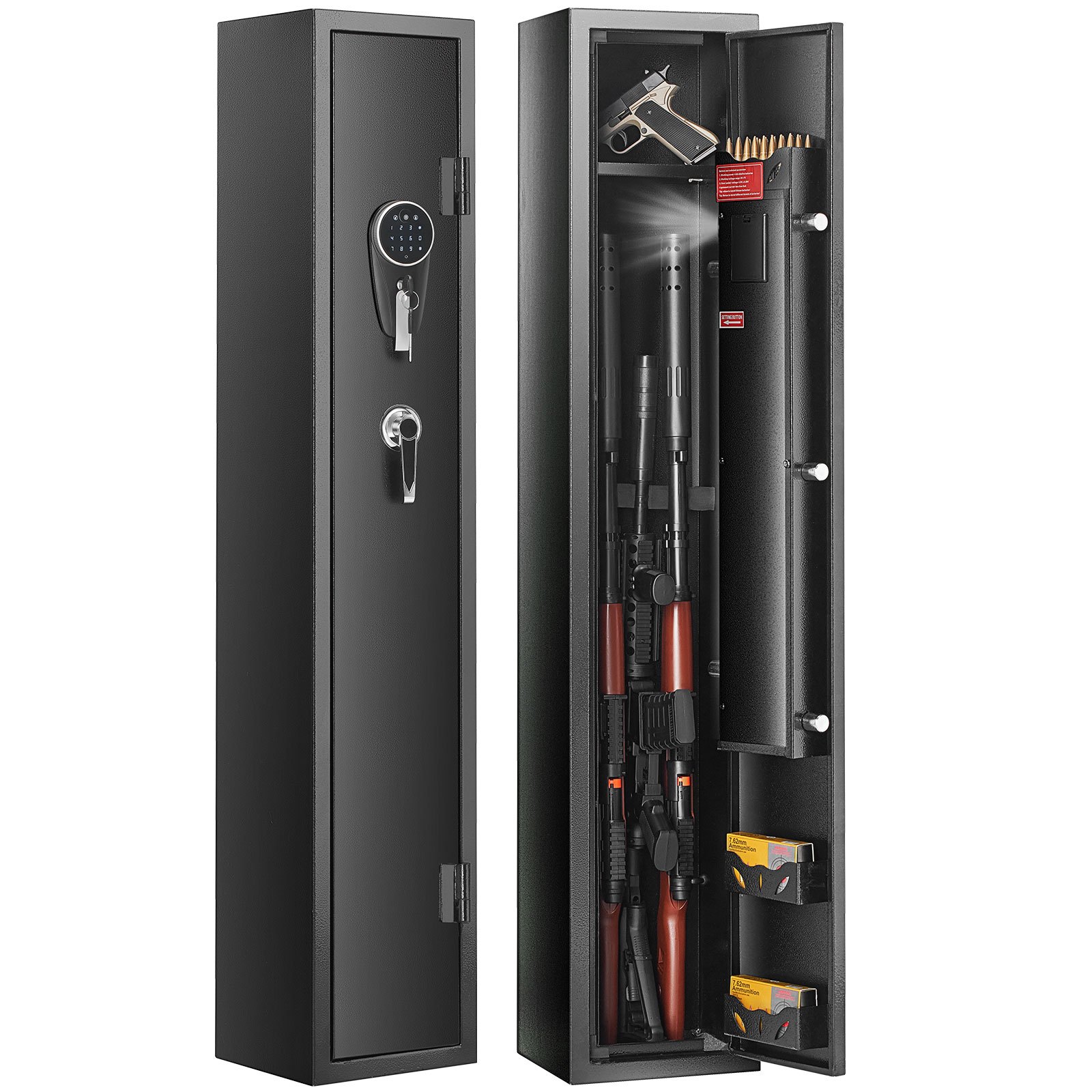 open VEVOR gun safe with multiple rifles, ammunition, and a handgun, featuring a digital keypad lock.