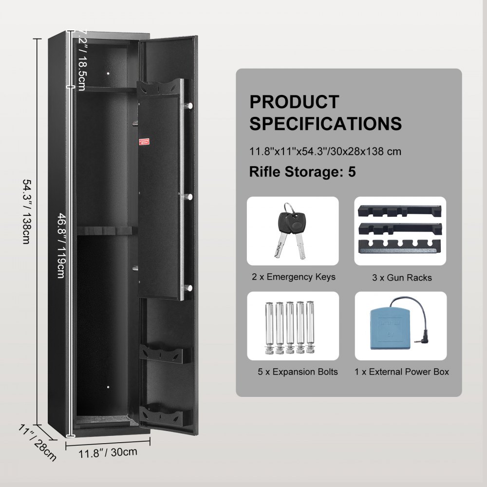 VEVOR gun safe with dimensions, rifle storage for 5, emergency keys, gun racks, expansion bolts, and power box.