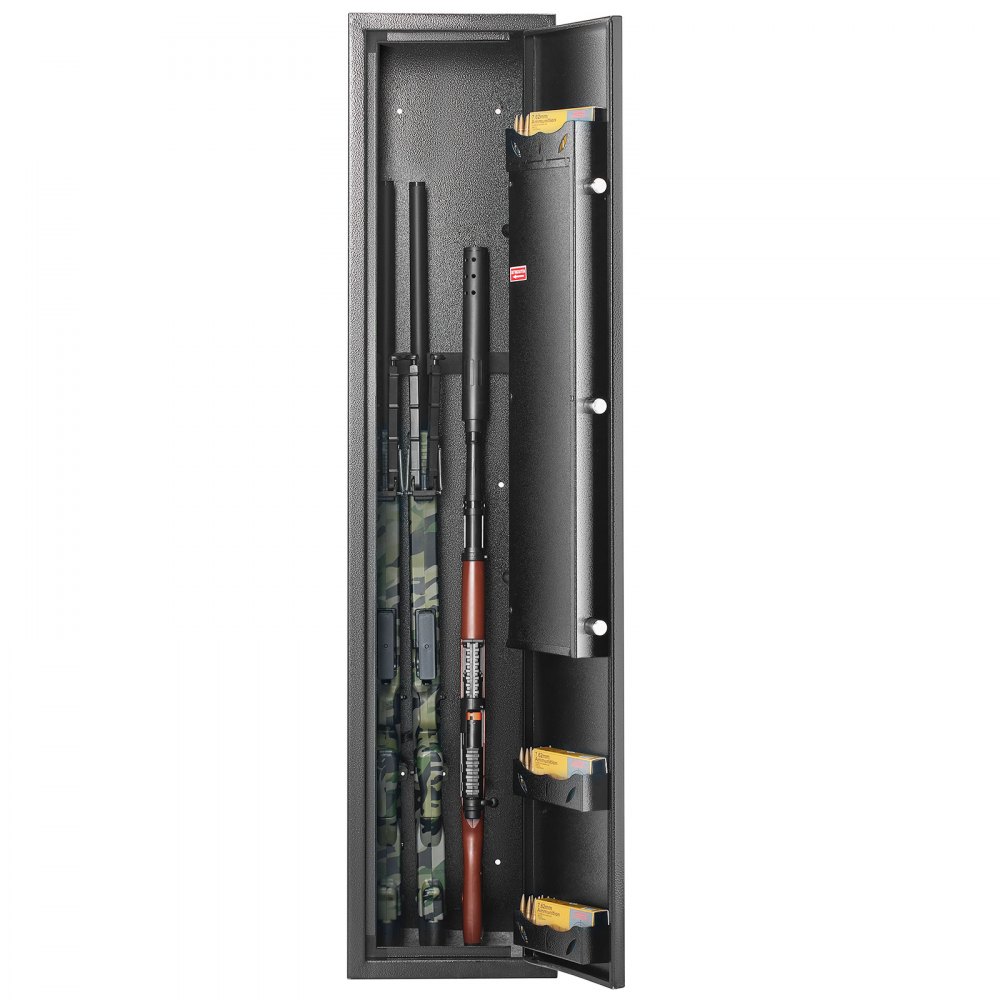 VEVOR gun safe with rifles and ammunition boxes securely stored inside a black steel safe cabinet.