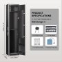 VEVOR gun safe with dimensions, rifle storage for 5, emergency keys, gun racks, expansion bolts, and power box.