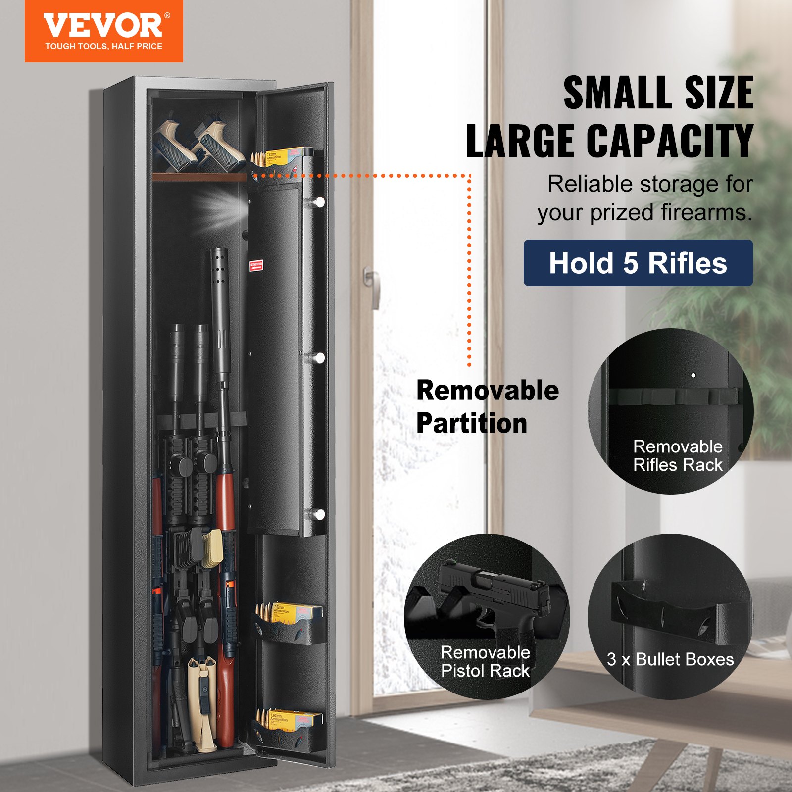 VEVOR gun safe with removable partitions, holding 5 rifles, pistol rack, and three bullet boxes.