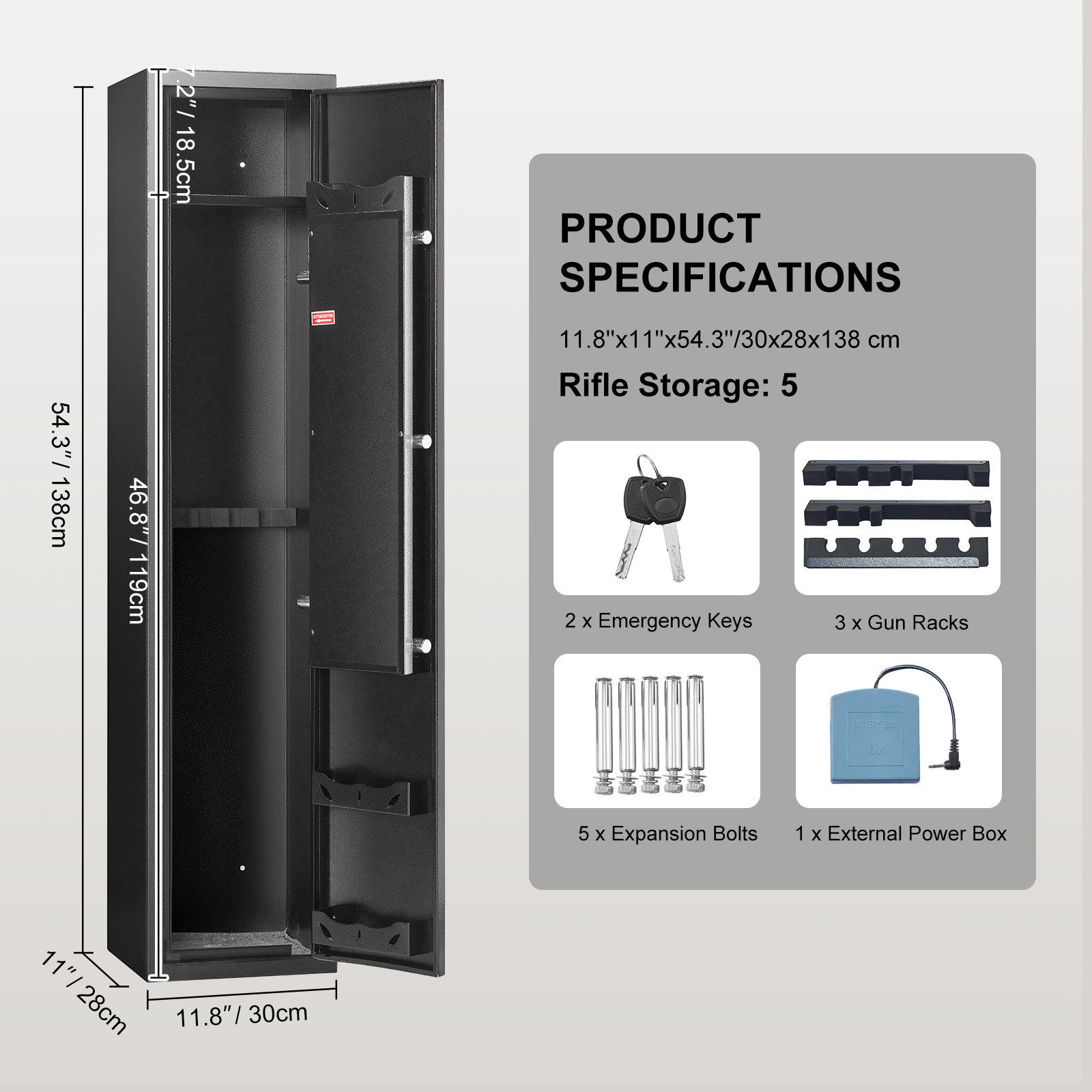 VEVOR gun safe with dimensions, rifle storage for 5, emergency keys, gun racks, expansion bolts, and power box.