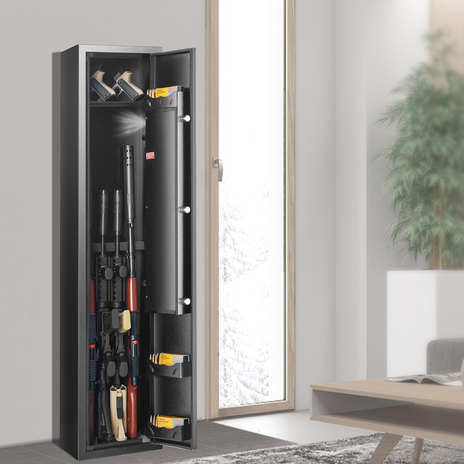 gun safe with rifles and ammunition inside, placed in a modern living room near a large window.