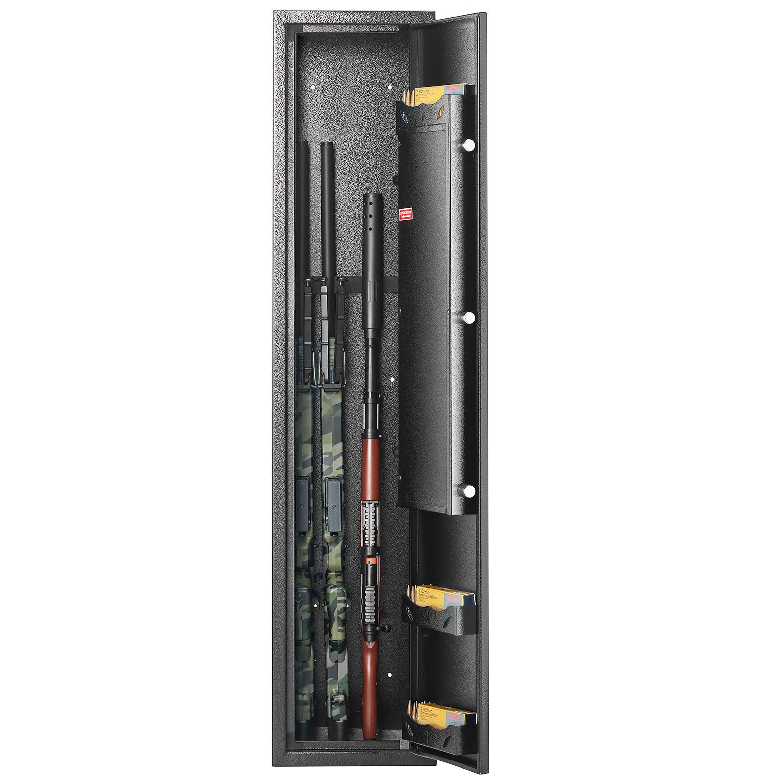 VEVOR gun safe with rifles and ammunition boxes securely stored inside a black steel safe cabinet.
