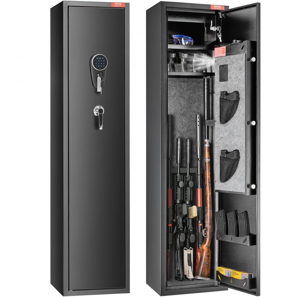 black VEVOR gun safe with biometric lock, storing rifles, ammo, and accessories on door pockets.