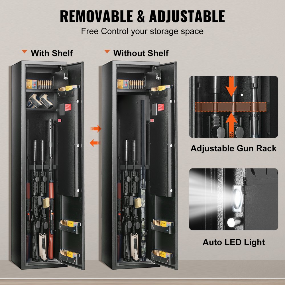 VEVOR 5 Rifles Gun Safe, Rifle Safe with Lock & Digital Keypad, Gun Storage Cabinet with Built-in Storage Locker and Removable Storage Shelf for Home Long Gun and Pistols