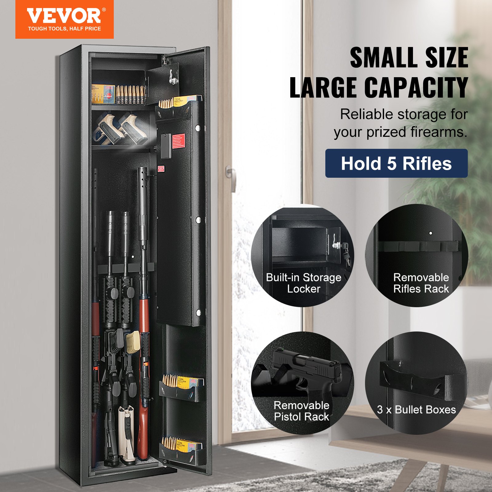 VEVOR 5 Rifles Gun Safe, Rifle Safe with Lock & Digital Keypad, Gun Storage Cabinet with Built-in Storage Locker and Removable Storage Shelf for Home Long Gun and Pistols