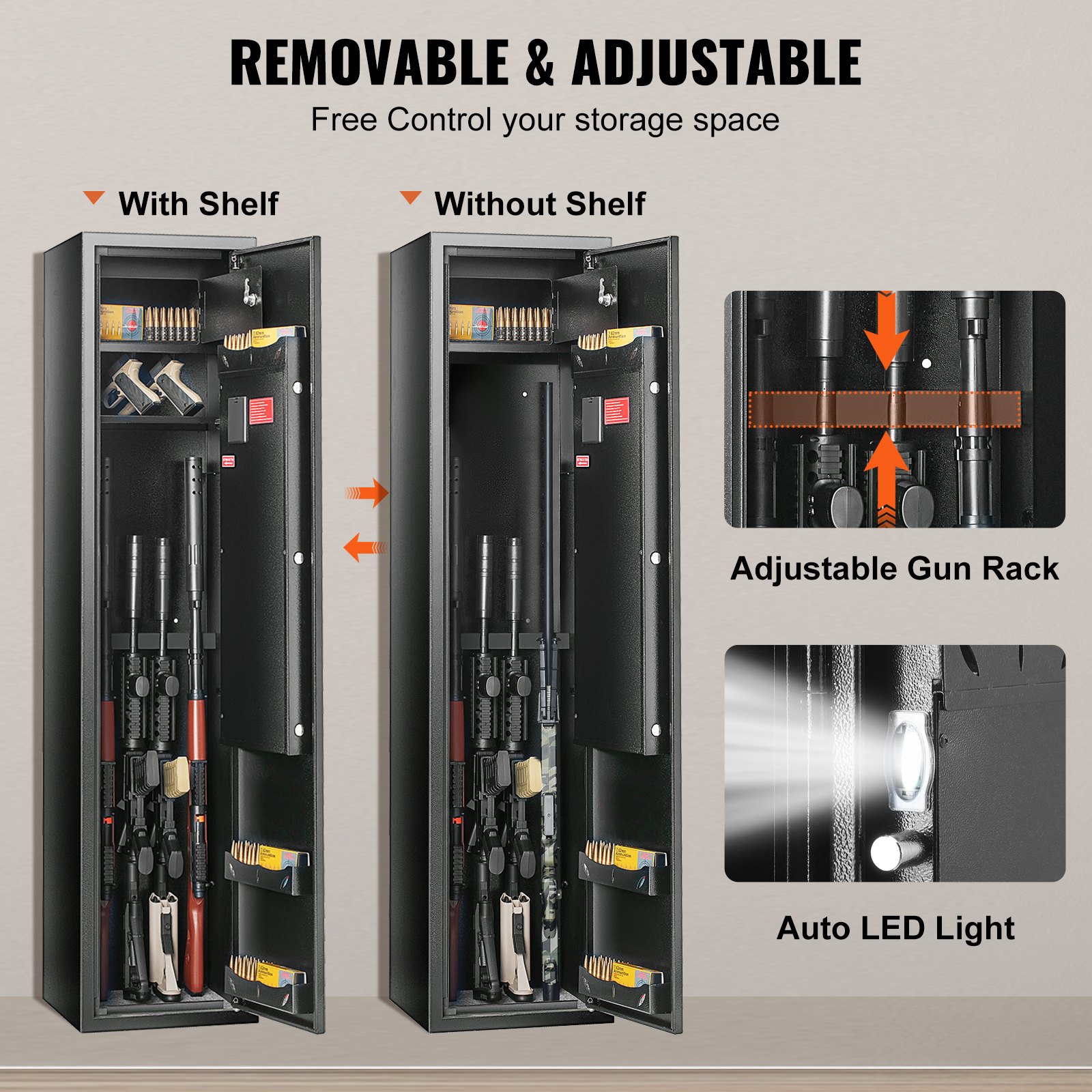 VEVOR 5 Rifles Gun Safe, Rifle Safe with Lock & Digital Keypad, Gun Storage Cabinet with Built-in Storage Locker and Removable Storage Shelf for Home Long Gun and Pistols