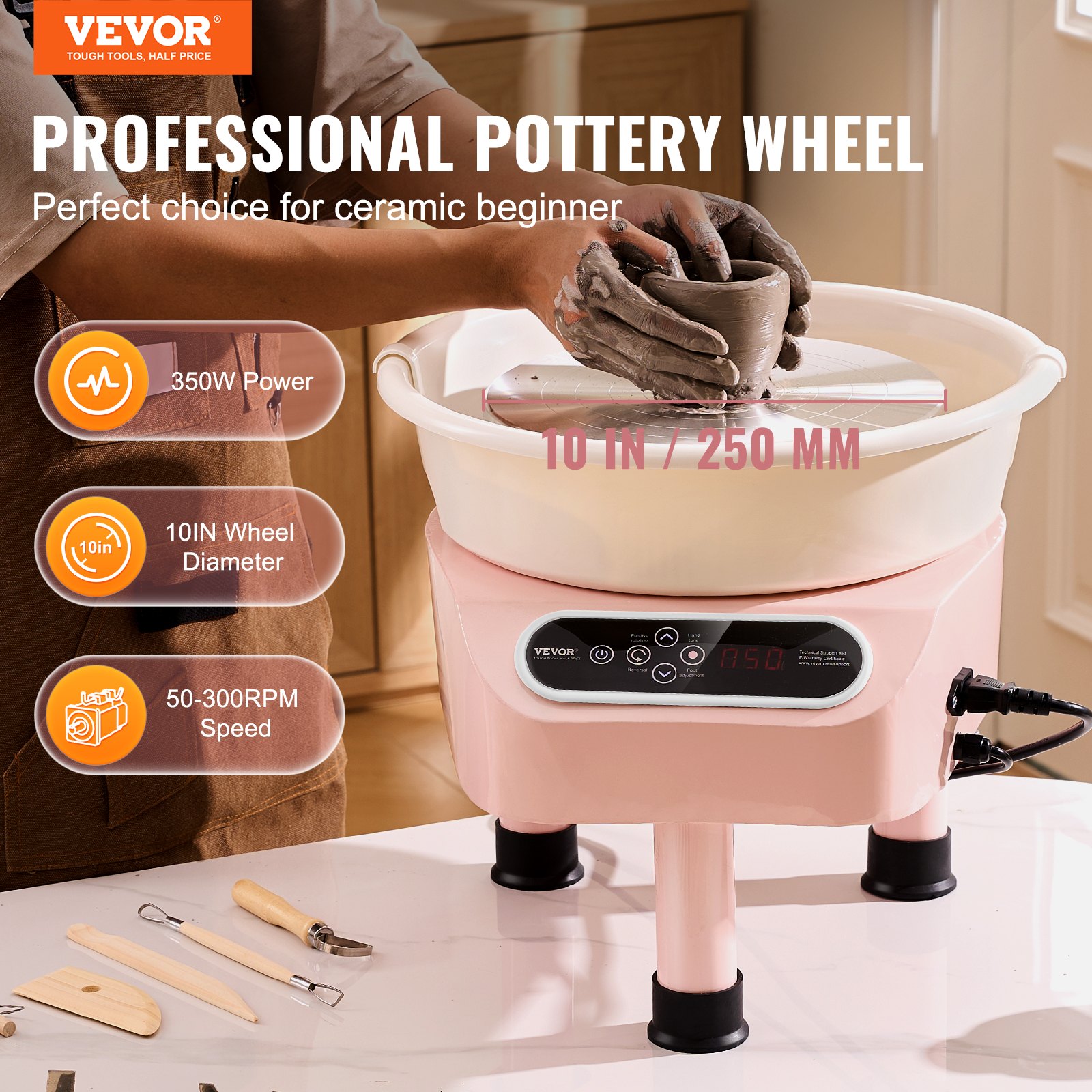 VEVOR Pottery Wheel, 10 inch Pottery Forming Machine, 350W Electric Wheel for Pottery with Foot Pedal and LCD Touch Screen, Direct Drive Ceramic Wheel with 3 Support Legs for DIY Art Craft, Pink