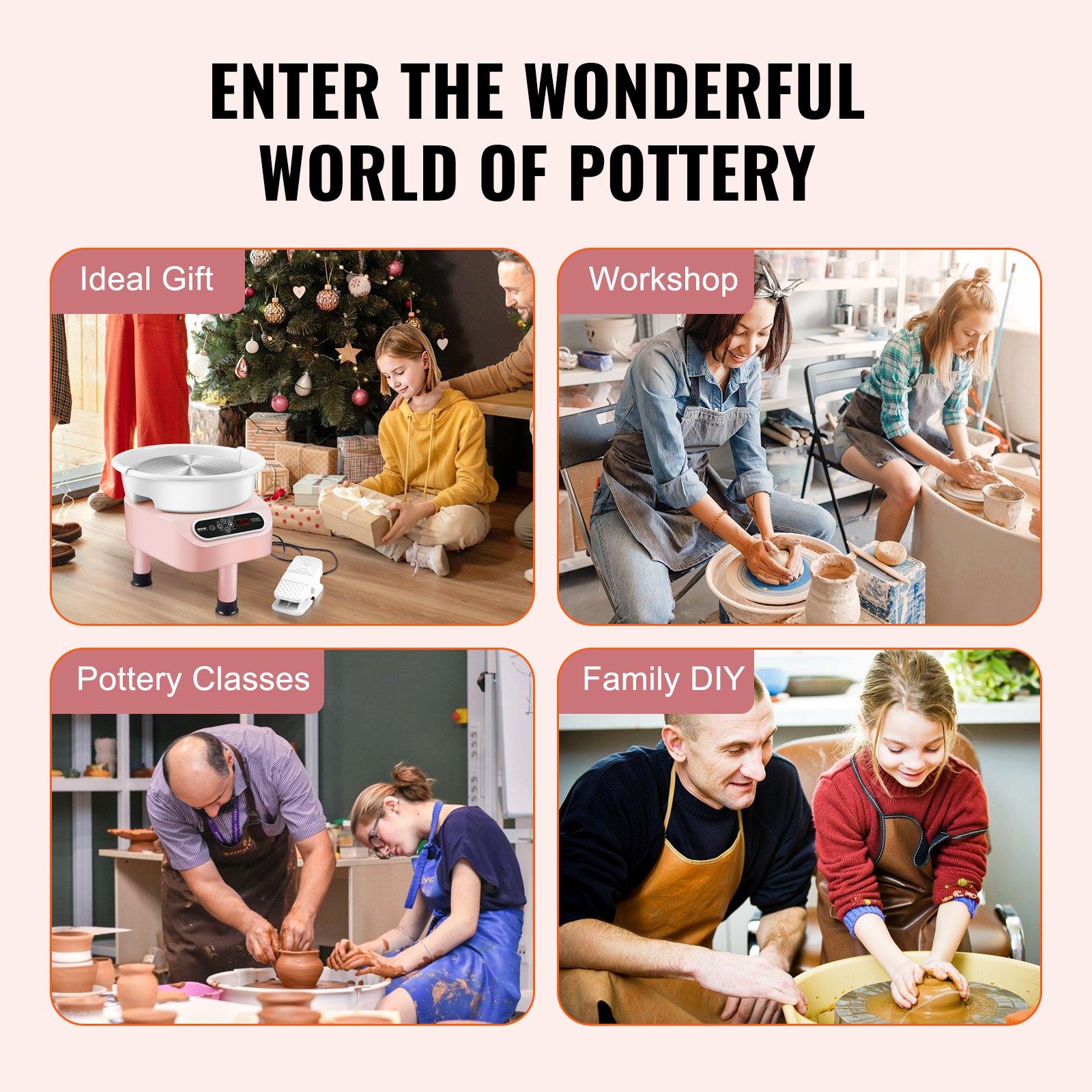 VEVOR Pottery Wheel, 10 inch Pottery Forming Machine, 350W Electric Wheel for Pottery with Foot Pedal and LCD Touch Screen, Direct Drive Ceramic Wheel with 3 Support Legs for DIY Art Craft, Pink