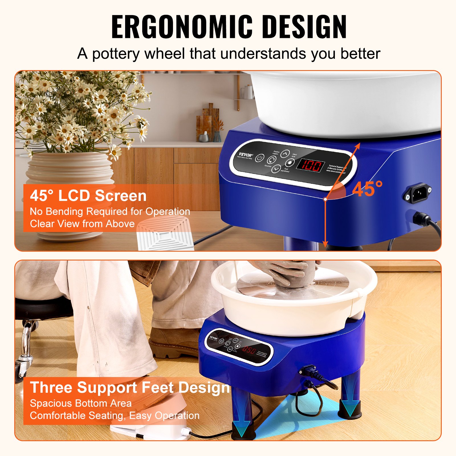 VEVOR Pottery Wheel 27.9 cm Ceramic Wheel Foot Pedal Touch Screen 450W 3 Legs Blue