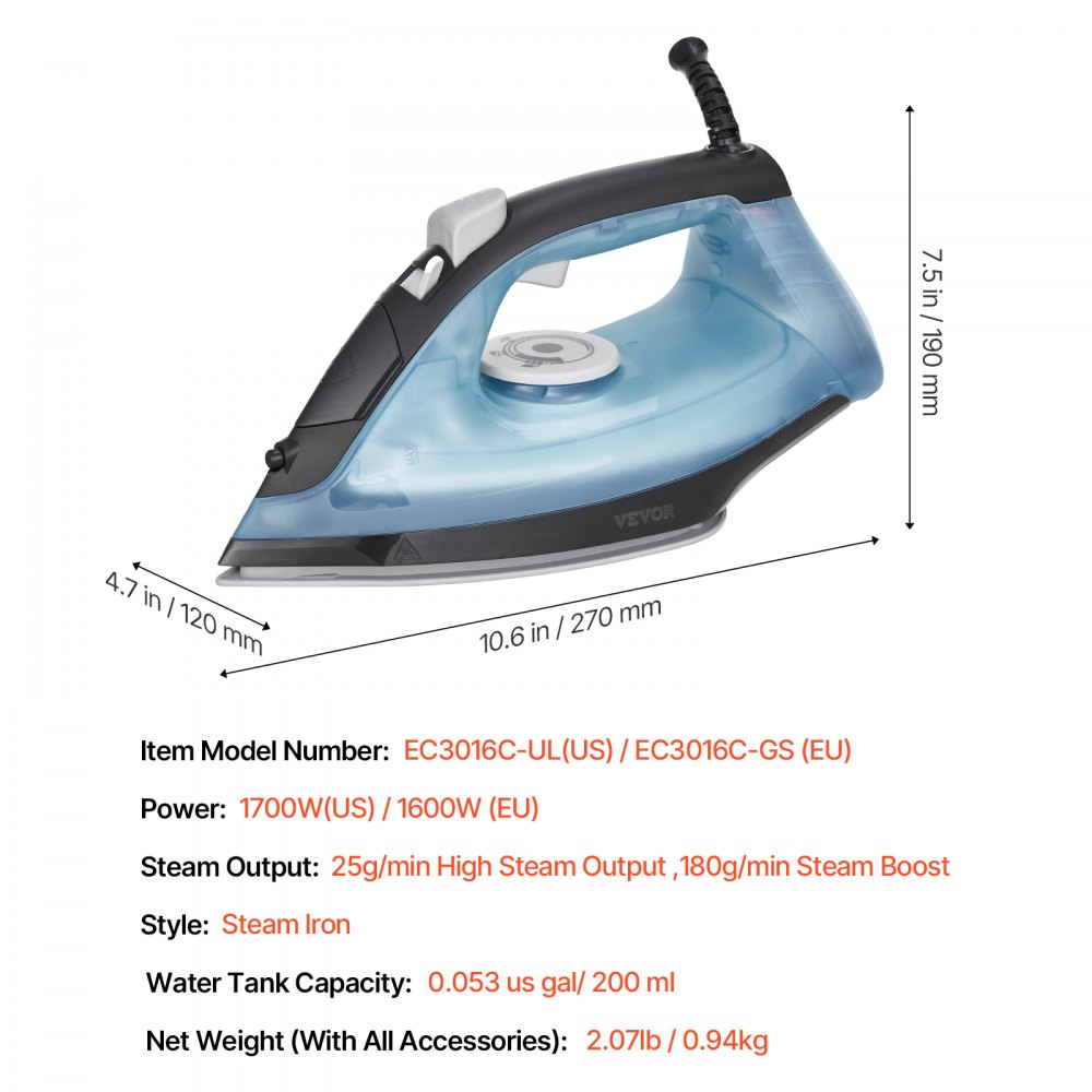 VEVOR Steam Iron, 1600W Iron for Clothes, Aluminum Alloy + PTFE Soleplate, Auto Shut-Off, Self-Cleaning, Four Temperature Settings, Quick Heating, Anti-Drip, Clothing Iron for Home Ironing Clothes