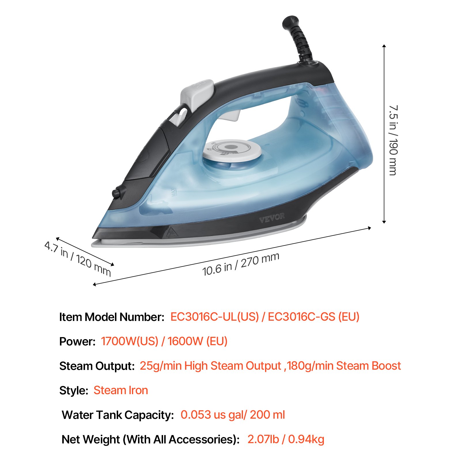 VEVOR Steam Iron, 1600W Iron for Clothes, Aluminum Alloy + PTFE Soleplate, Auto Shut-Off, Self-Cleaning, Four Temperature Settings, Quick Heating, Anti-Drip, Clothing Iron for Home Ironing Clothes