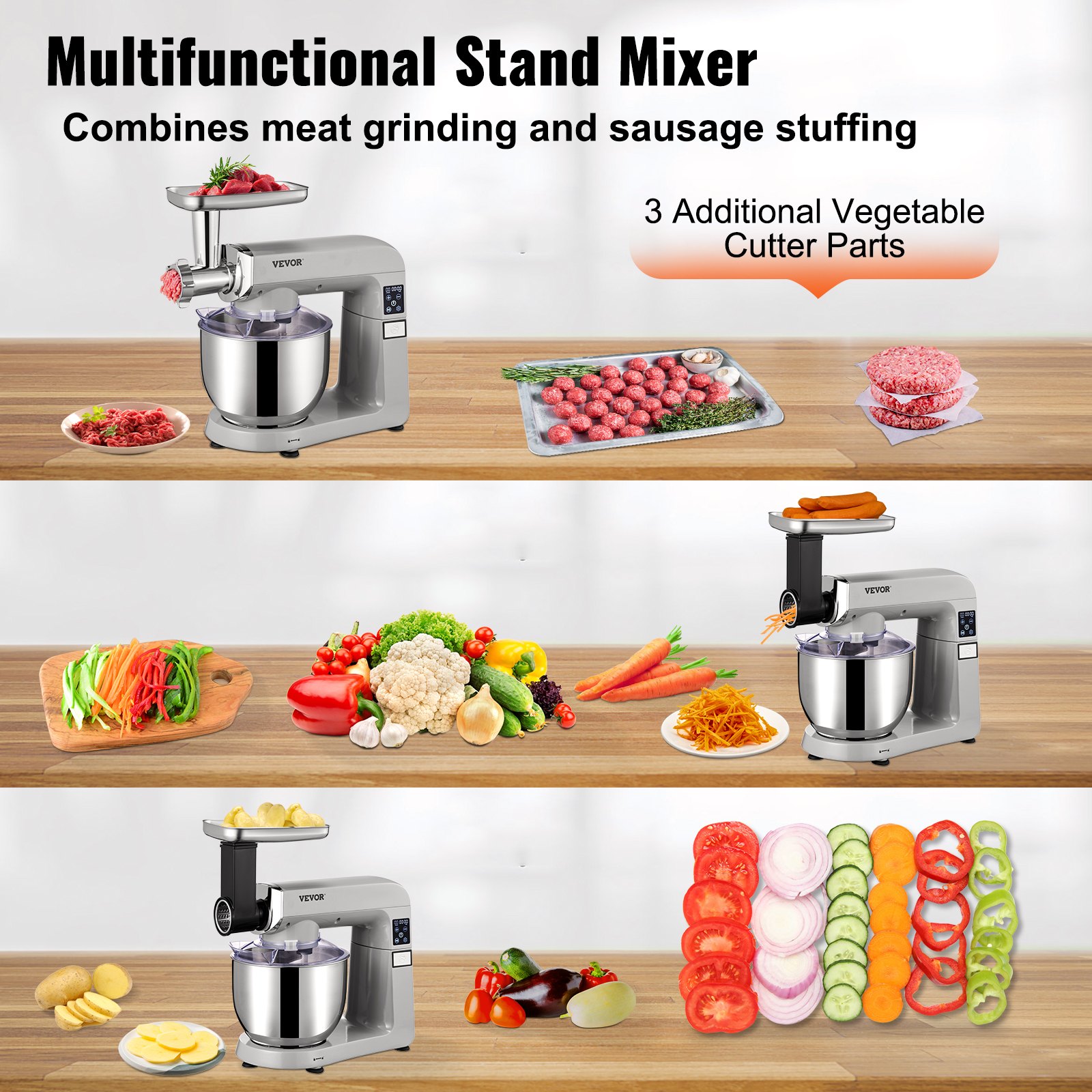 6 in 1 Stand Mixer, 450W Multifunctional Electric Mixer with Tilt-Head, 6 Speeds and LCD Screen Timing, 7.4Qt Stainless Bowl, Dough Hook, Flat Beater, Whisk, Scraper, Grinder, Stuffer, Slicer 6 in 1 Stand Mixer, 450W Multifunctional Electric Mixer with Tilt-Head, 6 Speeds and LCD Screen Timing, 7.4Qt Stainless Bowl, Dough Hook, Flat Beater, Whisk, Scraper, Grinder, Stuffer, Slicer