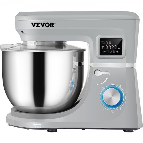 VEVOR Stand Mixer, 660W Electric Dough Mixer with 6 Speeds LCD Screen Timing, Tilt-Head Food Mixer with 7.4 Qt Stainless Steel Bowl, Dough Hook, Flat Beater, Whisk, Scraper, Splash-Proof Cover - Gray