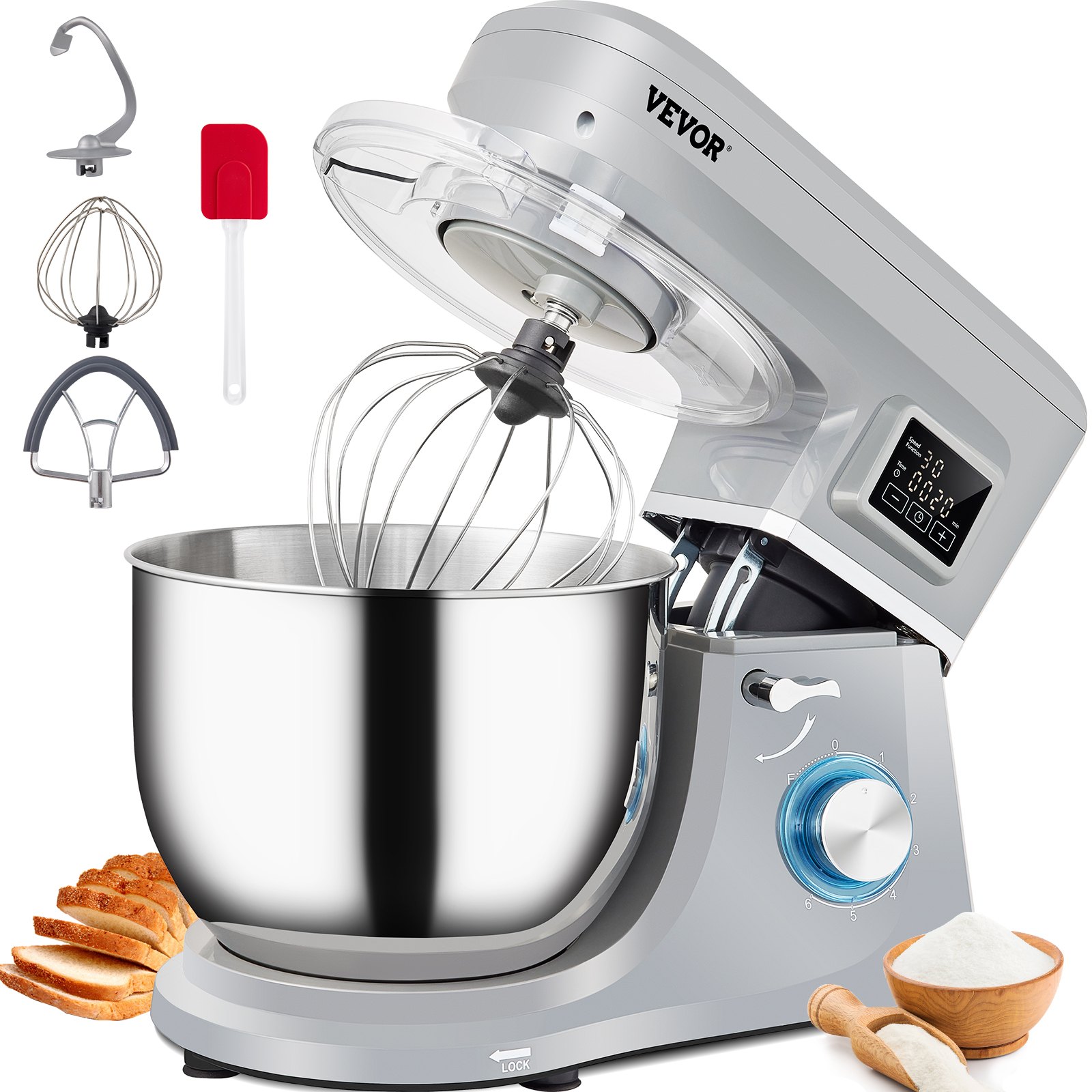 Stand Mixer, 660W Electric Dough Mixer with 6 Speeds LCD Screen Timing, Tilt-Head Food Mixer with 7.4 Qt Stainless Steel Bowl, Dough Hook, Flat Beater, Whisk, Scraper, Splash-Proof Cover - Gray Stand Mixer, 660W Electric Dough Mixer with 6 Speeds LCD Screen Timing, Tilt-Head Food Mixer with 7.4 Qt Stainless Steel Bowl, Dough Hook, Flat Beater, Whisk, Scraper, Splash-Proof Cover - Gray