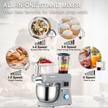 VEVOR 5 IN 1 Stand Mixer, 660W Tilt-Head Multifunctional Electric Mixer with 6 Speeds LCD Screen Timing, 7.4 Qt Stainless Bowl, Dough Hook, Flat Beater, Whisk, Scraper, Meat Grinder, Juice Cup - Gray