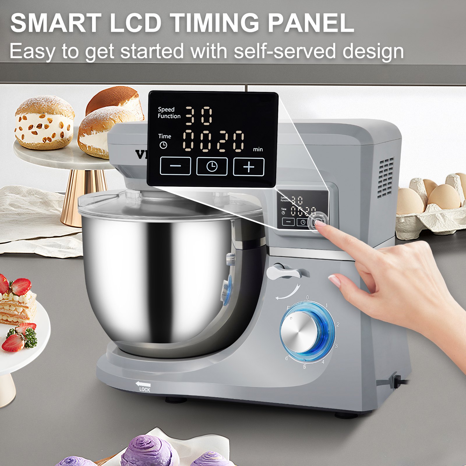 5 IN 1 Stand Mixer, 660W Tilt-Head Multifunctional Electric Mixer with 6 Speeds LCD Screen Timing, 7.4 Qt Stainless Bowl, Dough Hook, Flat Beater, Whisk, Scraper, Meat Grinder, Juice Cup - Gray 5 IN 1 Stand Mixer, 660W Tilt-Head Multifunctional Electric Mixer with 6 Speeds LCD Screen Timing, 7.4 Qt Stainless Bowl, Dough Hook, Flat Beater, Whisk, Scraper, Meat Grinder, Juice Cup - Gray