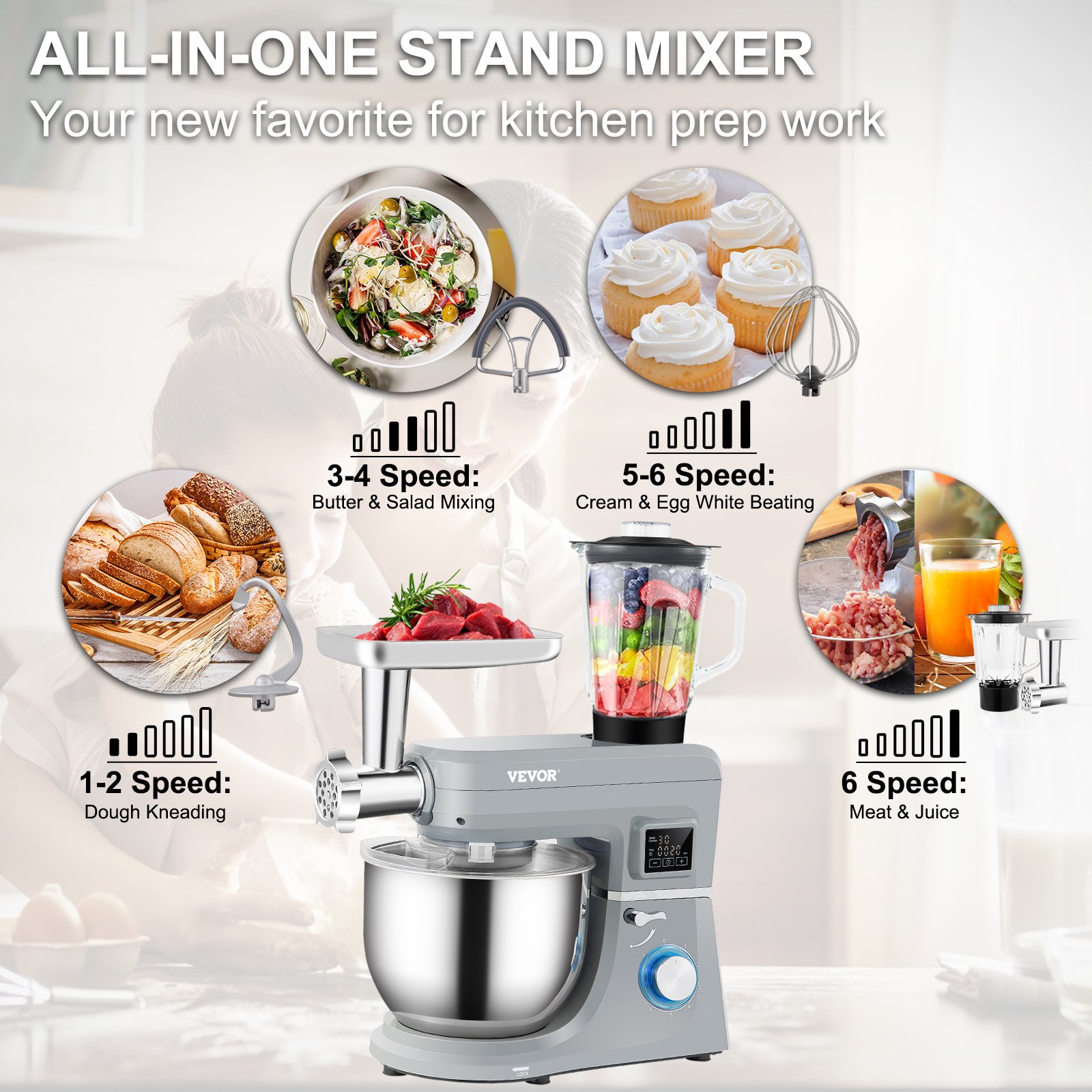5 IN 1 Stand Mixer, 660W Tilt-Head Multifunctional Electric Mixer with 6 Speeds LCD Screen Timing, 7.4 Qt Stainless Bowl, Dough Hook, Flat Beater, Whisk, Scraper, Meat Grinder, Juice Cup - Gray 5 IN 1 Stand Mixer, 660W Tilt-Head Multifunctional Electric Mixer with 6 Speeds LCD Screen Timing, 7.4 Qt Stainless Bowl, Dough Hook, Flat Beater, Whisk, Scraper, Meat Grinder, Juice Cup - Gray