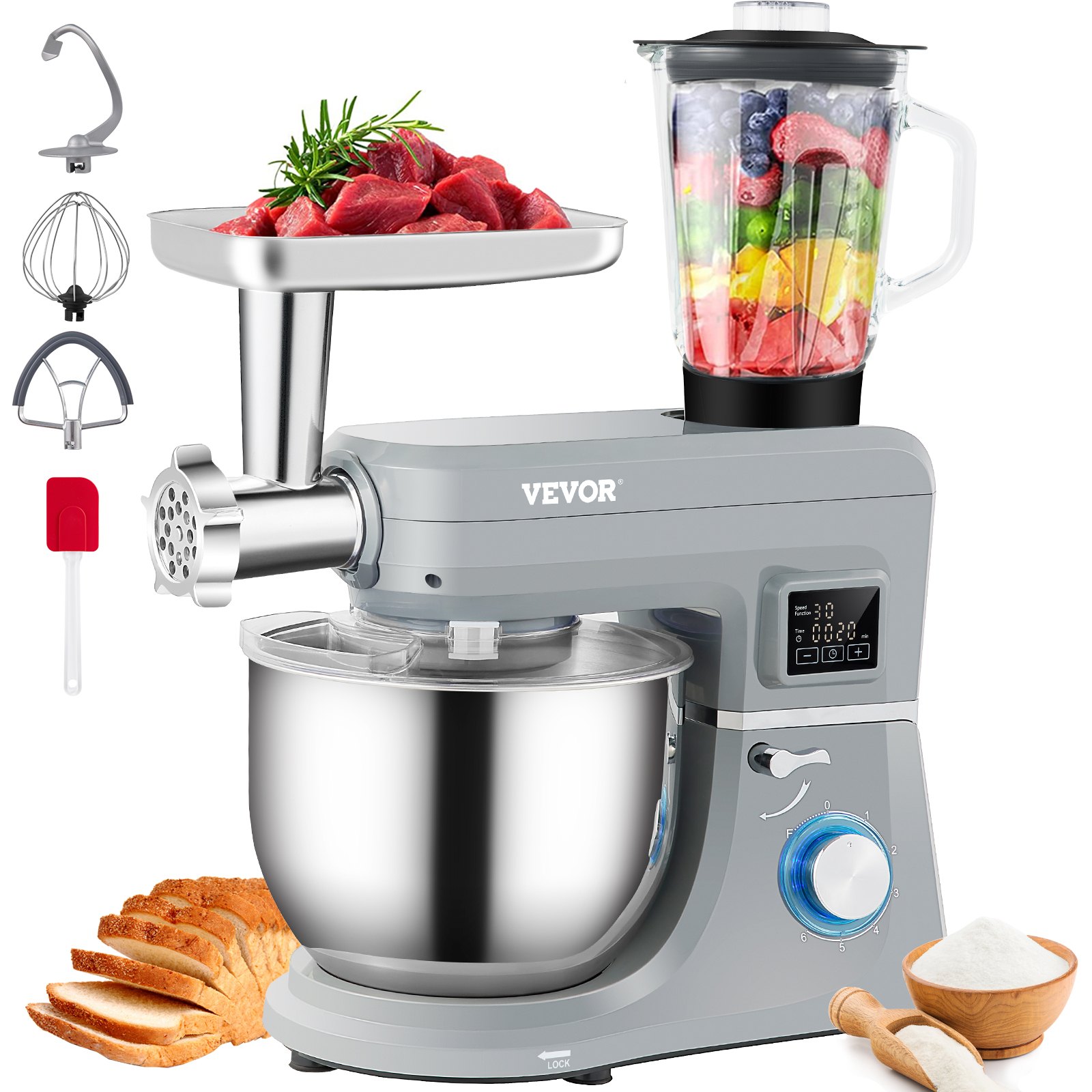 5 IN 1 Stand Mixer, 660W Tilt-Head Multifunctional Electric Mixer with 6 Speeds LCD Screen Timing, 7.4 Qt Stainless Bowl, Dough Hook, Flat Beater, Whisk, Scraper, Meat Grinder, Juice Cup - Gray 5 IN 1 Stand Mixer, 660W Tilt-Head Multifunctional Electric Mixer with 6 Speeds LCD Screen Timing, 7.4 Qt Stainless Bowl, Dough Hook, Flat Beater, Whisk, Scraper, Meat Grinder, Juice Cup - Gray