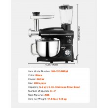 3-in-1 Stand Mixer 5.9 QT Electric Dough Mixer 660W 6 + P Speeds Food Beater