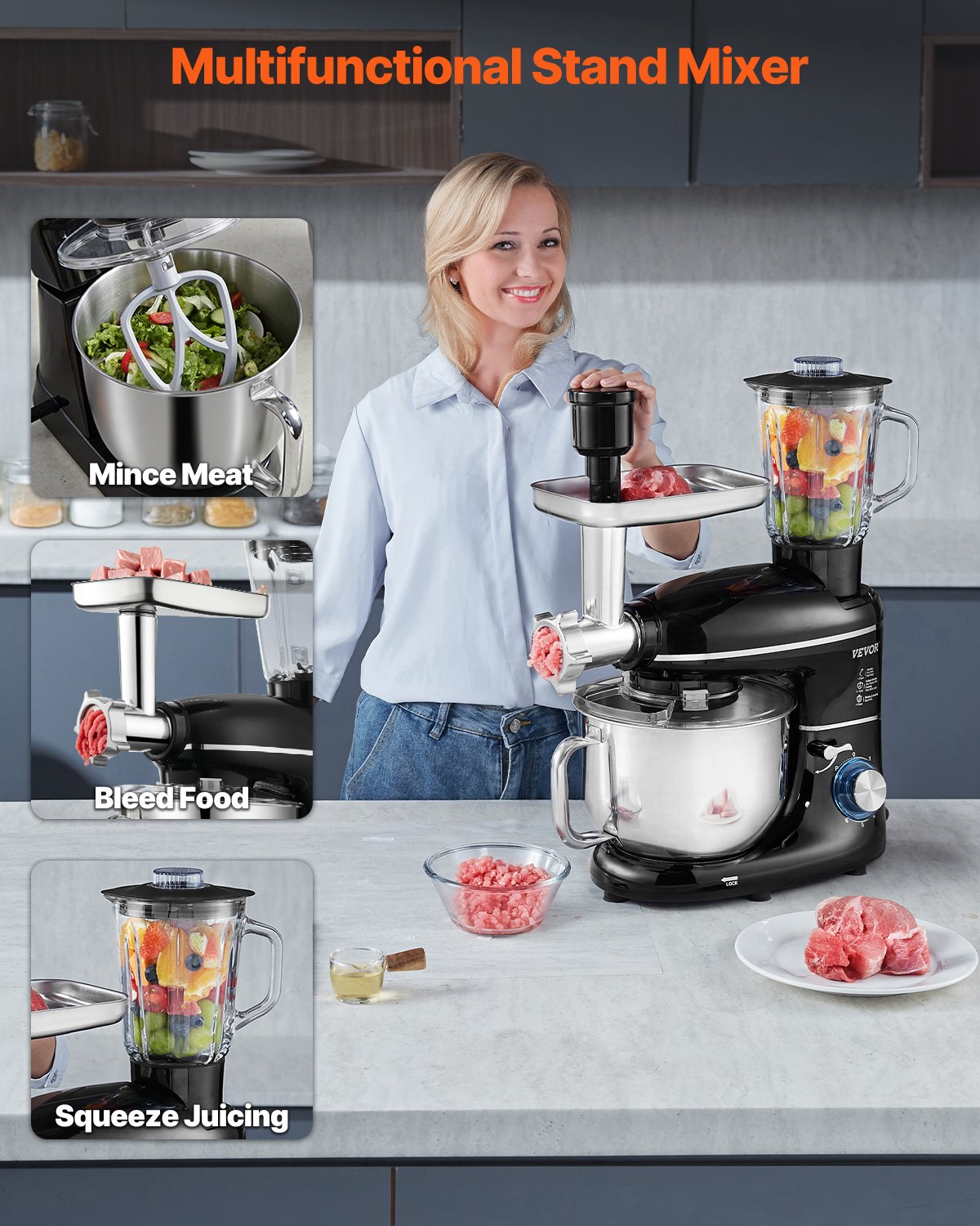 3-in-1 Stand Mixer 5.9 QT Electric Dough Mixer 660W 6 + P Speeds Food Beater 3-in-1 Stand Mixer 5.9 QT Electric Dough Mixer 660W 6 + P Speeds Food Beater
