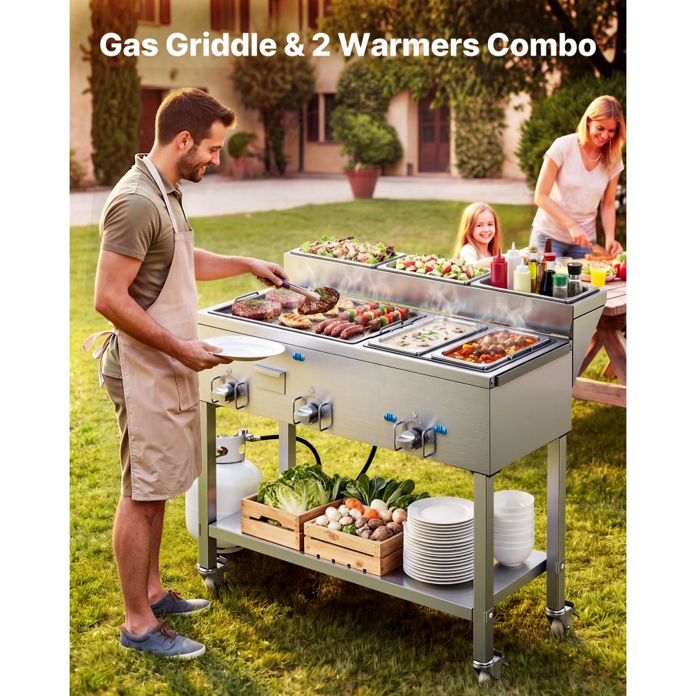 VEVOR Outdoor Propane Griddle, 3 Burners (11,600 BTU Each), Commercial Stainless Steel Griddle with Two 1/3 Size Food Warming Pans, Portable Cart with 4 Lockable Wheels, for Hot Dogs, Burgers & Meats