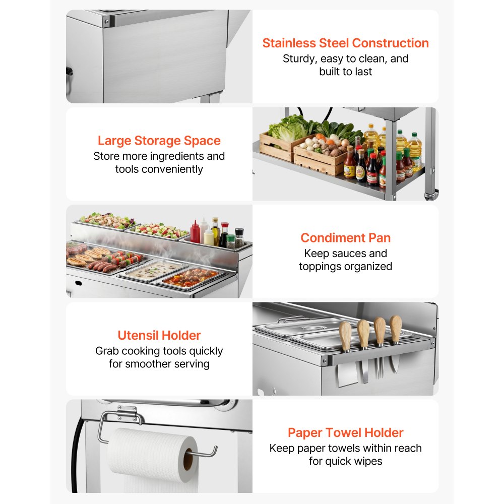 VEVOR Outdoor Propane Griddle, 3 Burners (11,600 BTU Each), Commercial Stainless Steel Griddle with Two 1/3 Size Food Warming Pans, Portable Cart with 4 Lockable Wheels, for Hot Dogs, Burgers & Meats