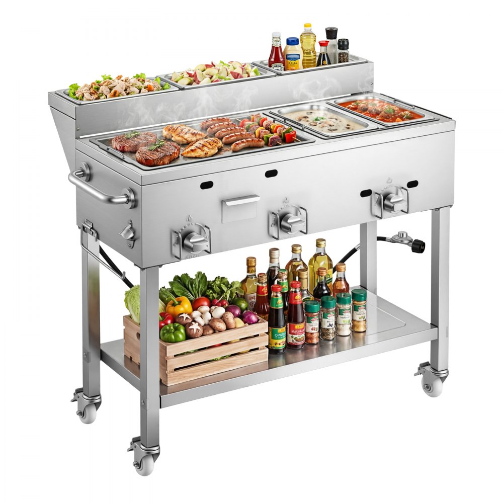 VEVOR Outdoor Propane Griddle, 3 Burners (11,600 BTU Each), Commercial Stainless Steel Griddle with Two 1/3 Size Food Warming Pans, Portable Cart with 4 Lockable Wheels, for Hot Dogs, Burgers & Meats