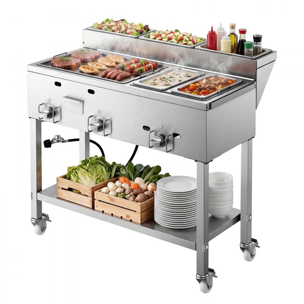VEVOR Outdoor Propane Griddle, 3 Burners (11,600 BTU Each), Commercial Stainless Steel Griddle with Two 1/3 Size Food Warming Pans, Portable Cart with 4 Lockable Wheels, for Hot Dogs, Burgers & Meats