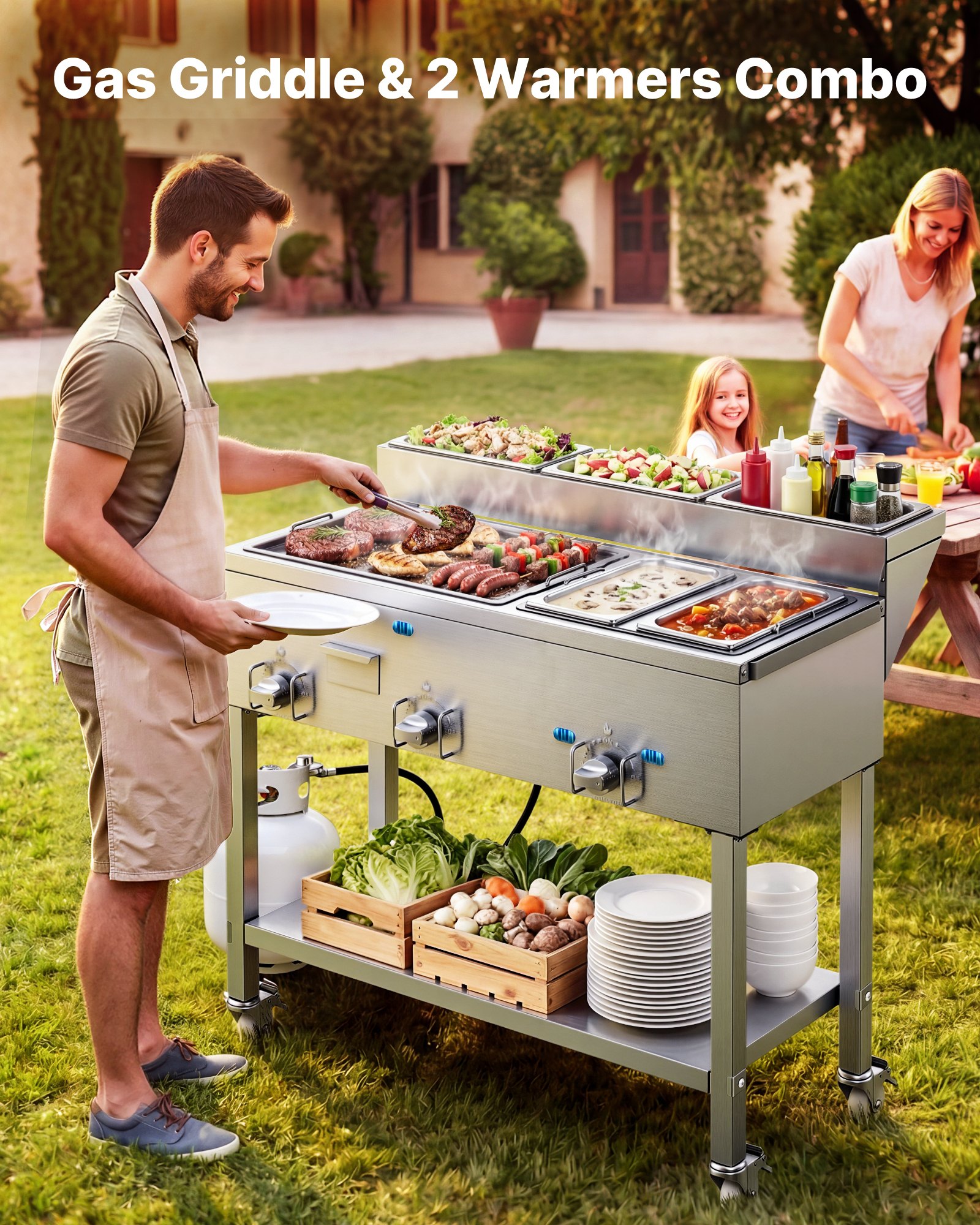VEVOR Outdoor Propane Griddle, 3 Burners (11,600 BTU Each), Commercial Stainless Steel Griddle with Two 1/3 Size Food Warming Pans, Portable Cart with 4 Lockable Wheels, for Hot Dogs, Burgers & Meats