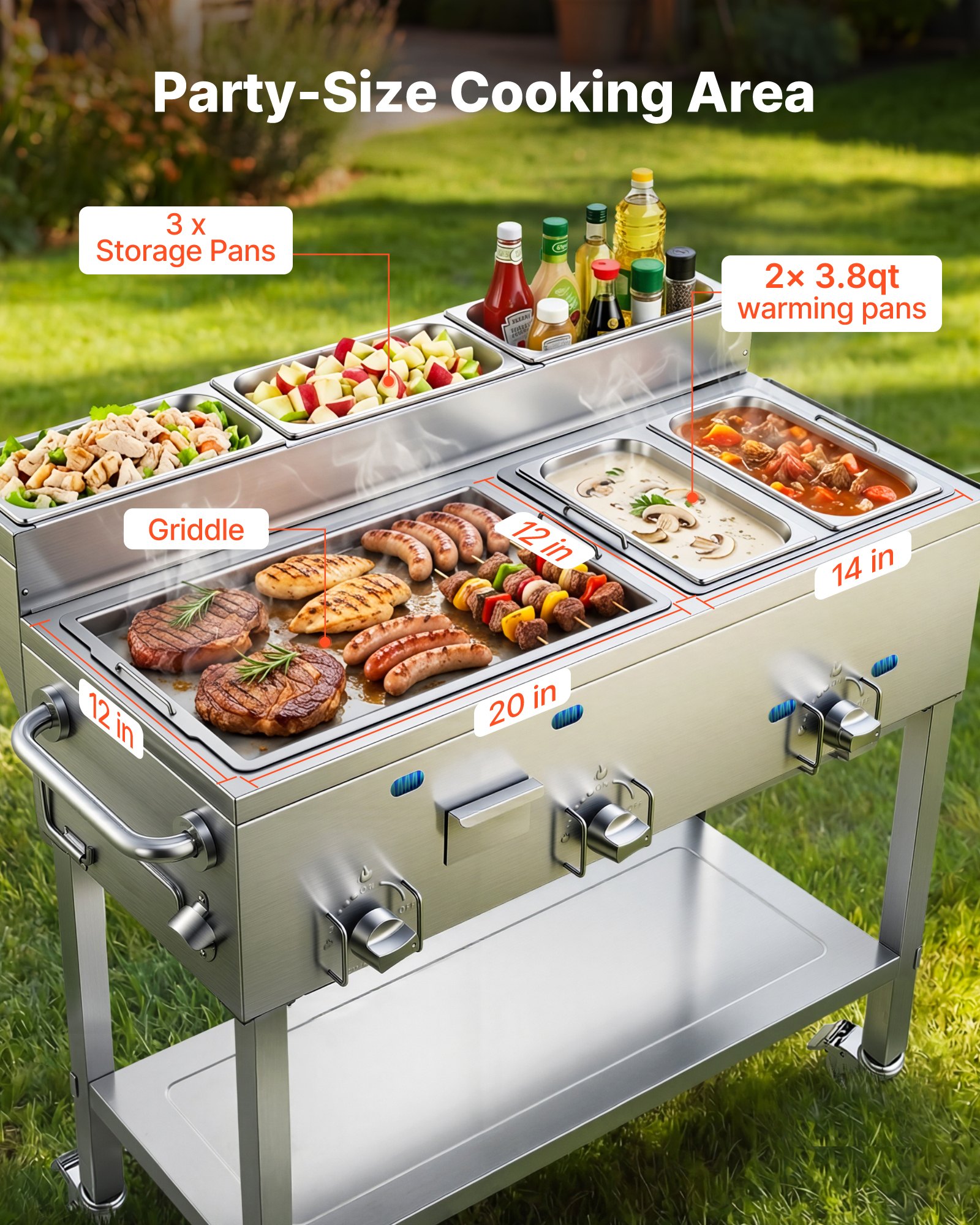 VEVOR Outdoor Propane Griddle, 3 Burners (11,600 BTU Each), Commercial Stainless Steel Griddle with Two 1/3 Size Food Warming Pans, Portable Cart with 4 Lockable Wheels, for Hot Dogs, Burgers & Meats