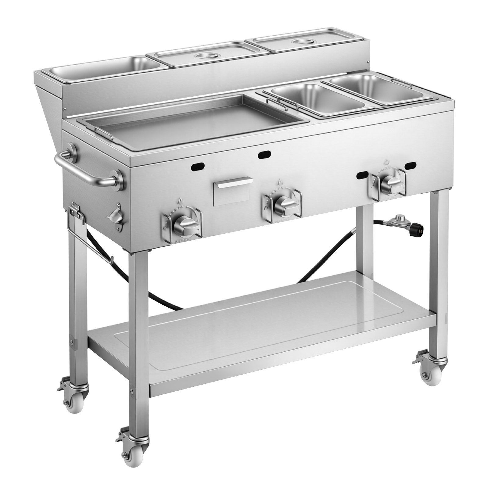 VEVOR Outdoor Propane Griddle, 3 Burners (11,600 BTU Each), Commercial Stainless Steel Griddle with Two 1/3 Size Food Warming Pans, Portable Cart with 4 Lockable Wheels, for Hot Dogs, Burgers & Meats