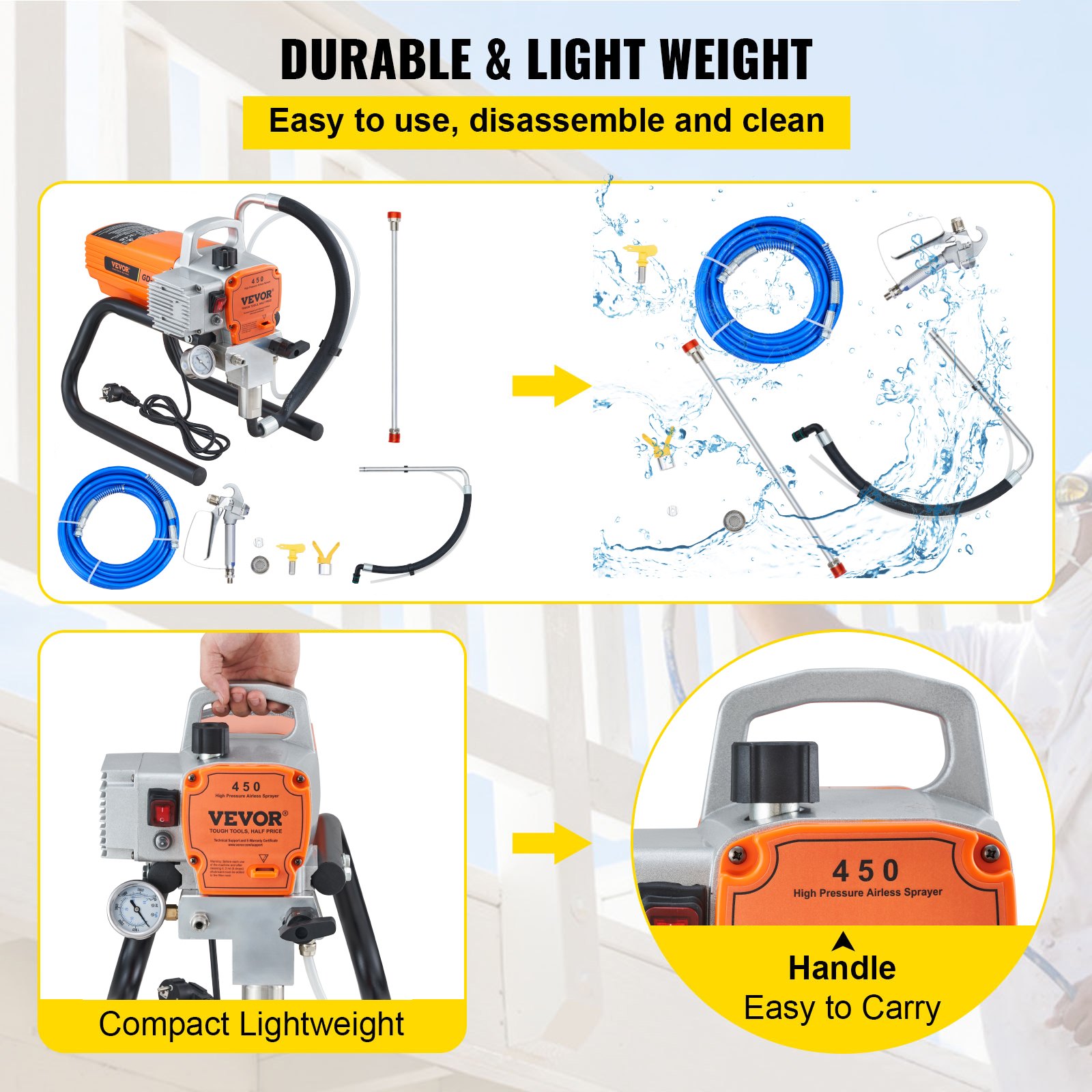 VEVOR Paint Sprayer, 1500W Airless Paint Sprayer, Hose Paint Gun 3000PSI Paint Sprayers For Home for Ships, Bridges, Towers, Poles and Other Large Long-term Industry Metal Structures