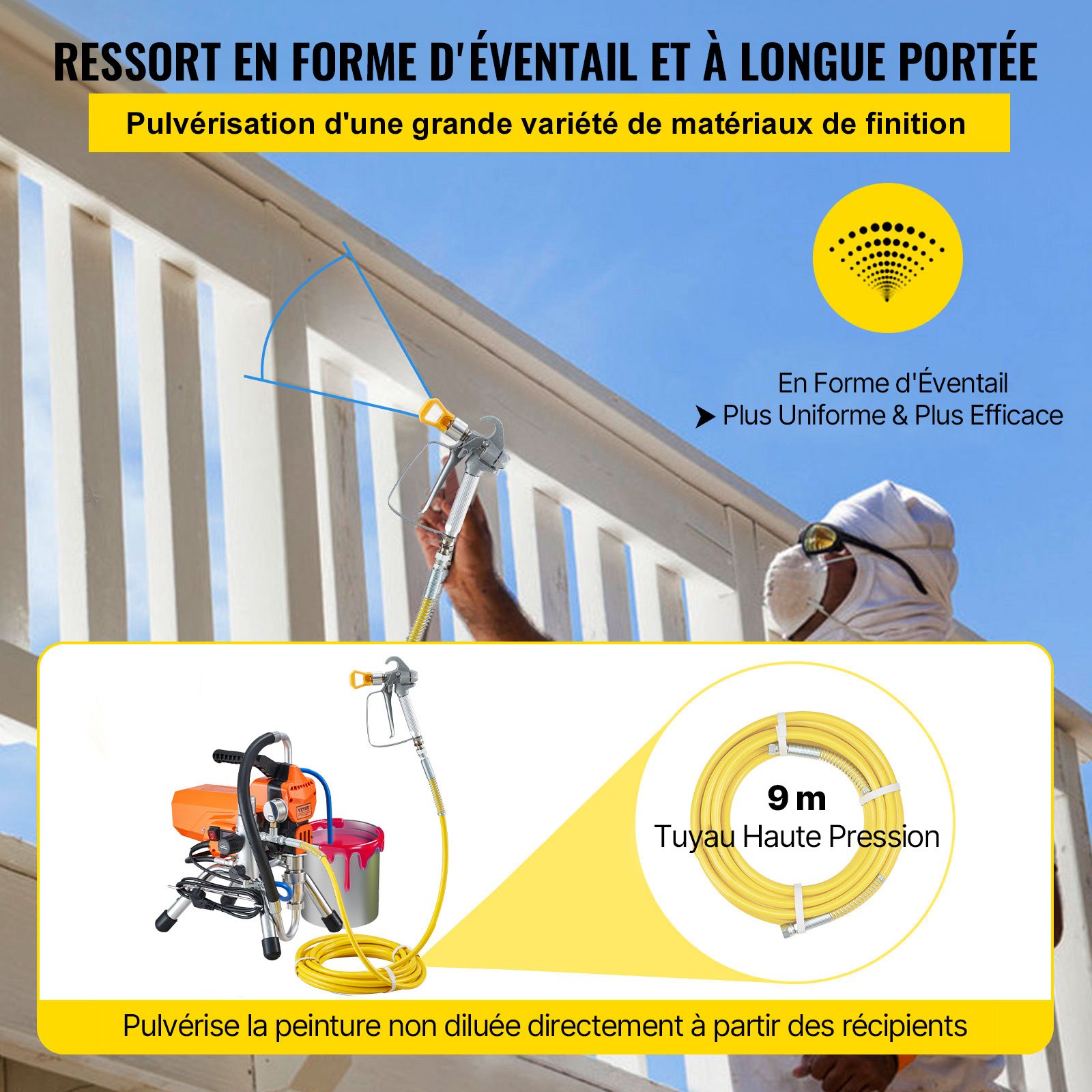 VEVOR Airless Paint Sprayer with High Pressure Hose, 2200W Wall Paint Gun, 3000PSI 2L/min Brushless Motor Included, for Interior and Exterior Painting, Fence Accessories