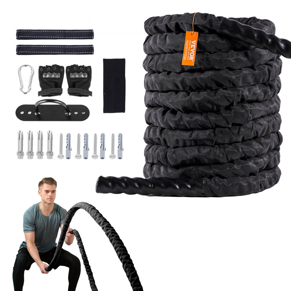 VEVOR battle rope set with anchors, gloves, and bolts shown with a person using the rope for exercise.