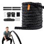 VEVOR battle rope set with accessories, including carabiner, gloves, mounting kit, and man exercising.