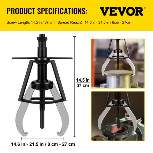 VEVOR Gear Puller 2 Jaw Puller, 6 Ton/13224 LBS Capacity Manual Puller, 14-3/5"-21-1/2" Spread Reach and 3-1/5"-10-3/5" Spread Range, 14-1/2" Overall Length Gear Removal Tools For Slide Gears, Pulleys
