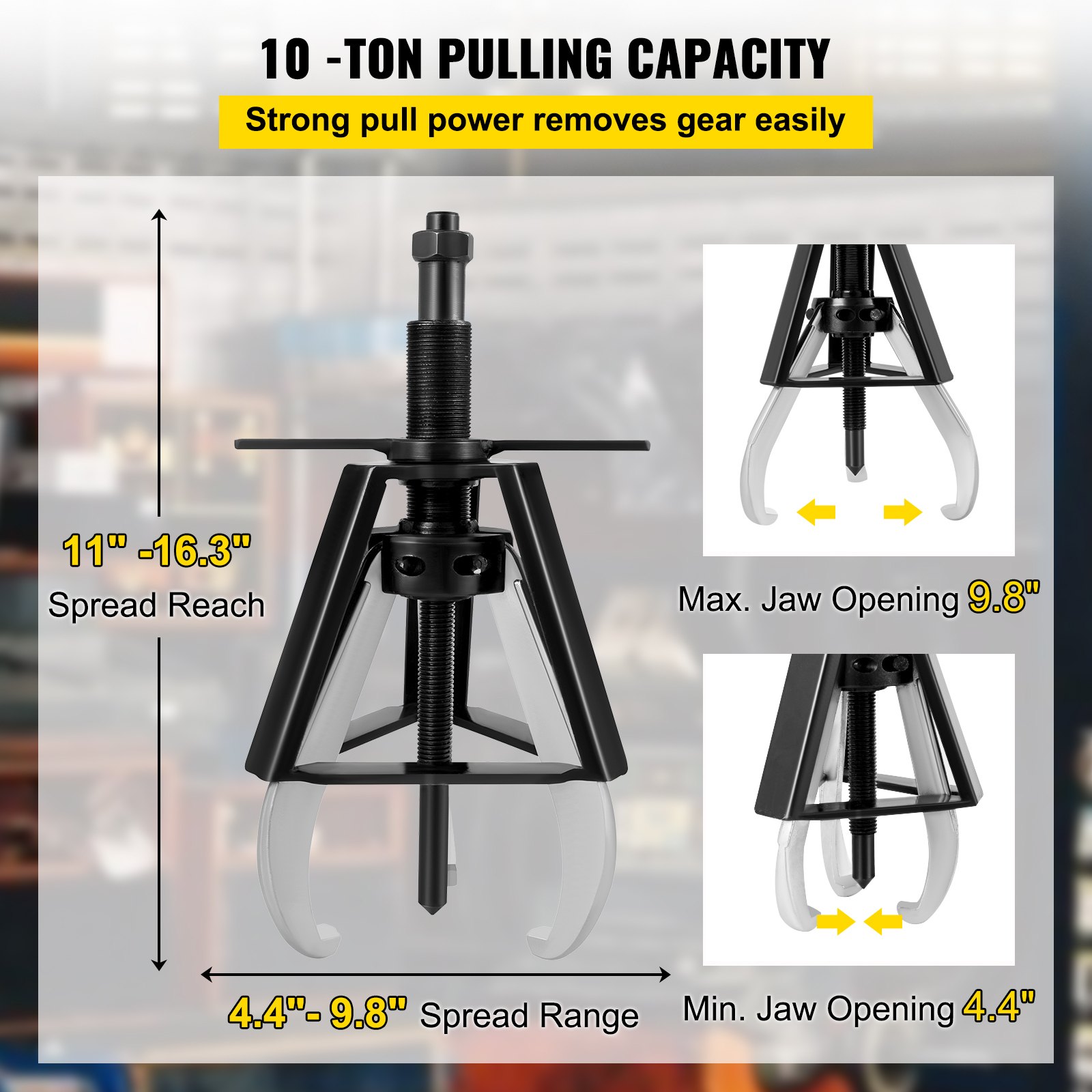 VEVOR 3 Jaw Gear Puller, 10 Ton/22040 LBS Capacity Manual Puller,11" -16.3" Spread Reach and 4.4"- 9.8" Spread Range, 14.5" Lead Screw Length Gear Removal Tools For Slide Gears, Pulleys, and Flywheels