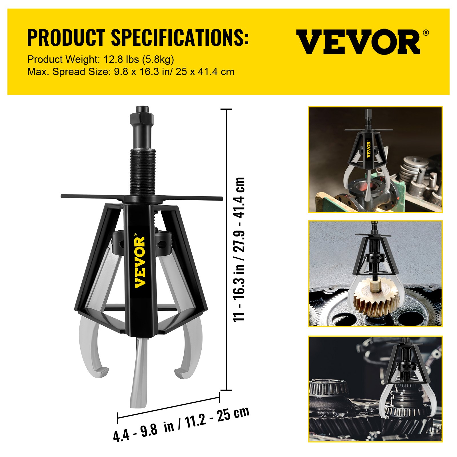 VEVOR 3 Jaw Gear Puller, 10 Ton/22040 LBS Capacity Manual Puller,11" -16.3" Spread Reach and 4.4"- 9.8" Spread Range, 14.5" Lead Screw Length Gear Removal Tools For Slide Gears, Pulleys, and Flywheels
