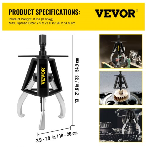 VEVOR 3 Jaw Gear Puller, 1 Ton/2204 LBS Capacity Manual Puller, 13" - 21.6" Spread Reach and 3.9" - 7.9" Spread Range, 11" Lead Screw Length Gear Removal Tools For Slide Gears, Pulleys, and Flywheels